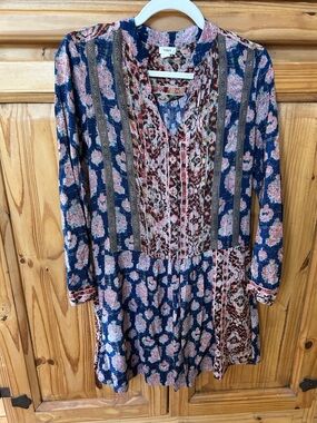 Anthropologie Tiny Paquerette Shirt Dress Mixed-Print Navy & Pink Boho Tunic